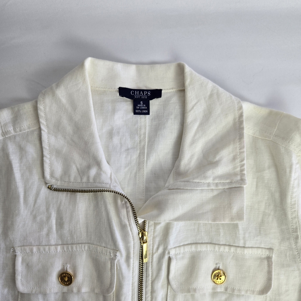 Chaps Women's S White Linen Double Flap Pockets Drawstring Tie Zip-Front Jacket